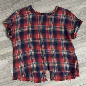 Cloth & Stone Roll Sleeve Plaid Button Back Blouse, Women's size Small